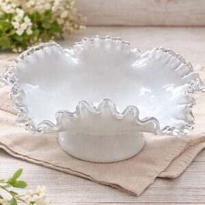 Vintage Fenton silver crest white milk glass pedestal bowl with ruffled rim